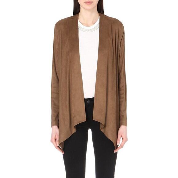 The Kooples Draped Open Front Jacket Faux Suede Brown Long Sleeve 32 XS - Picture 1 of 7